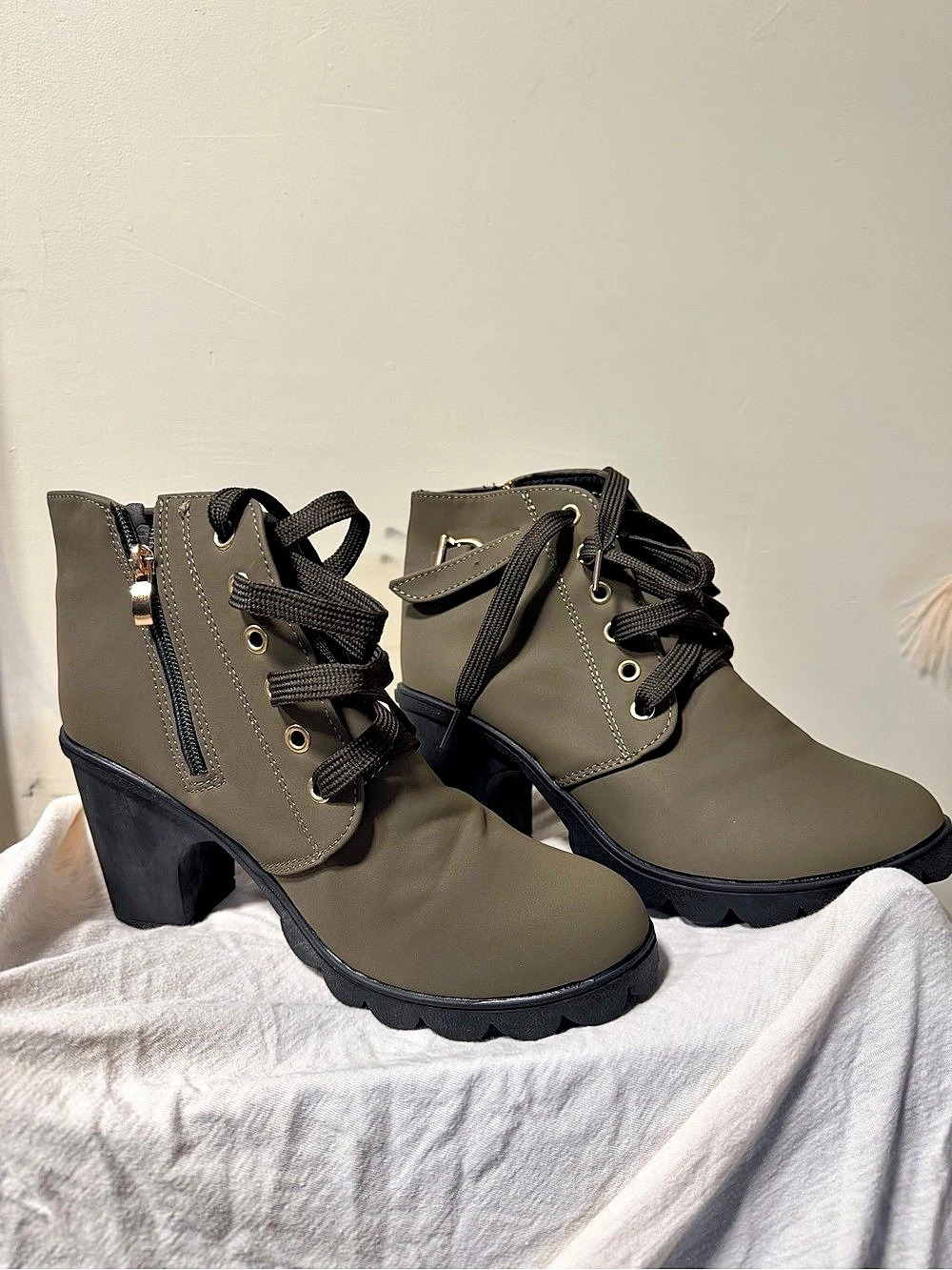 Olive Chunky Heel Ankle Boots Like New
